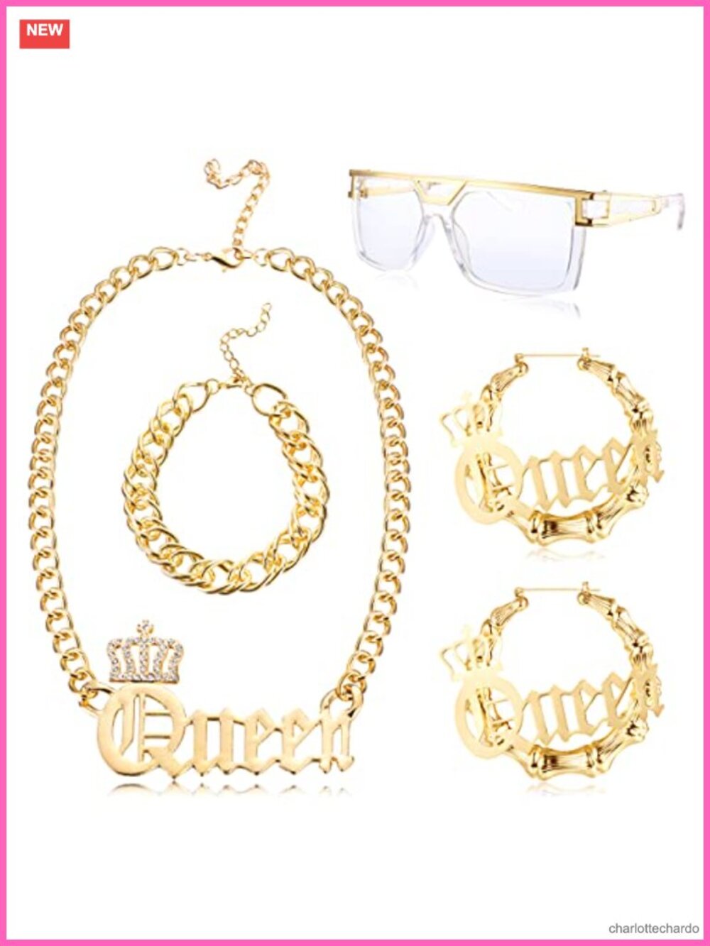 80s 90s Hip Hop Costume Jewelry Set Faux Gold Chain Sunglasses Earrings